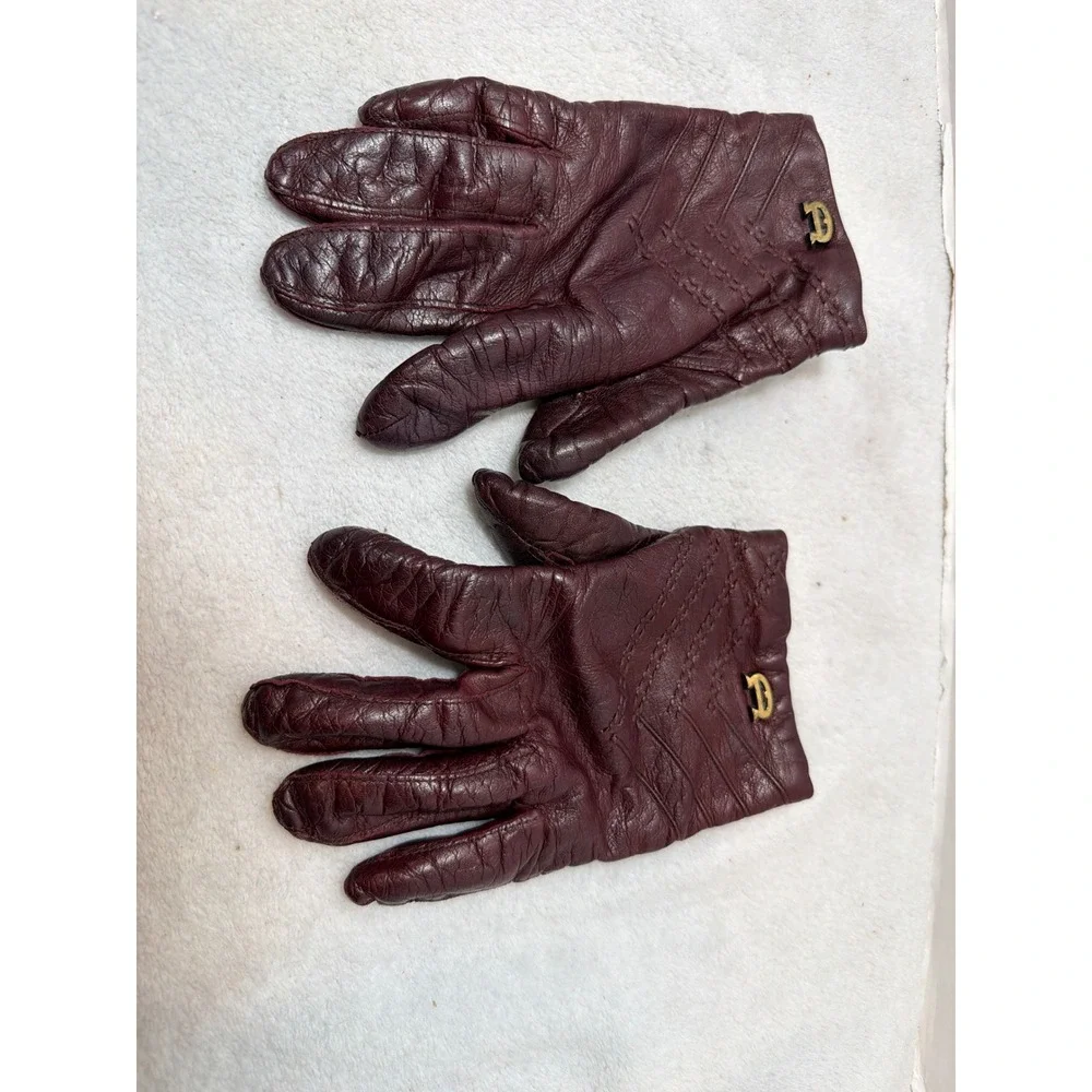 Vintage Etienne Aigner Leather Gloves 6.5 Burgundy Italy Wool Lined Gold Logo